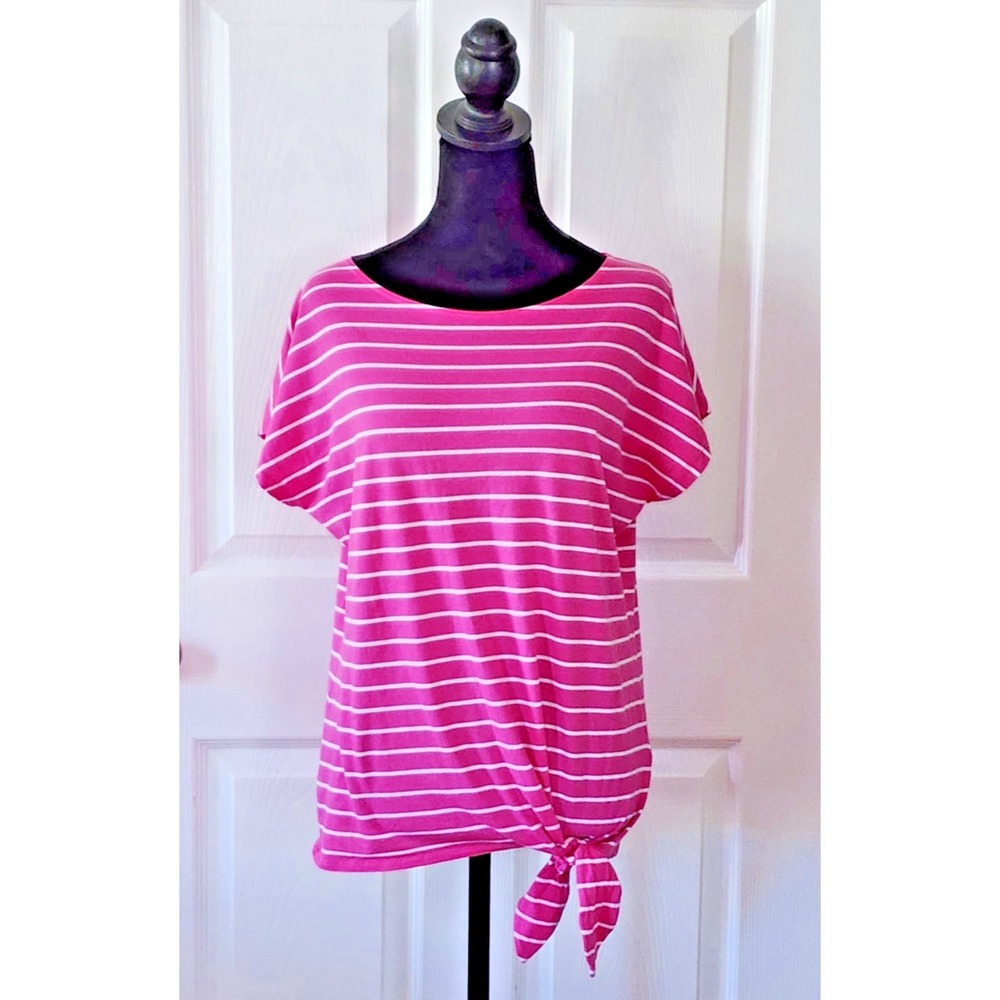 Lauren by Ralph Lauren Women's Pink and White Stripe S/S Cotton Top in Medium